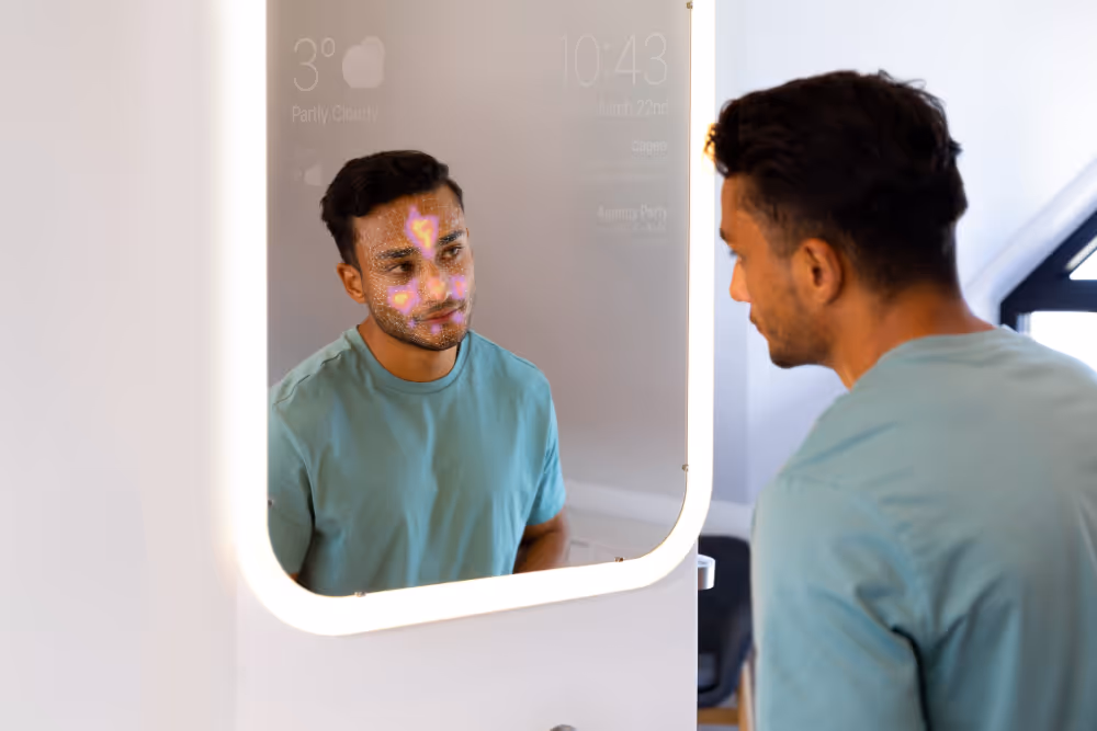 Man in a teal shirt looking at his reflection in a smart mirror displaying face analysis with highlighted spots.